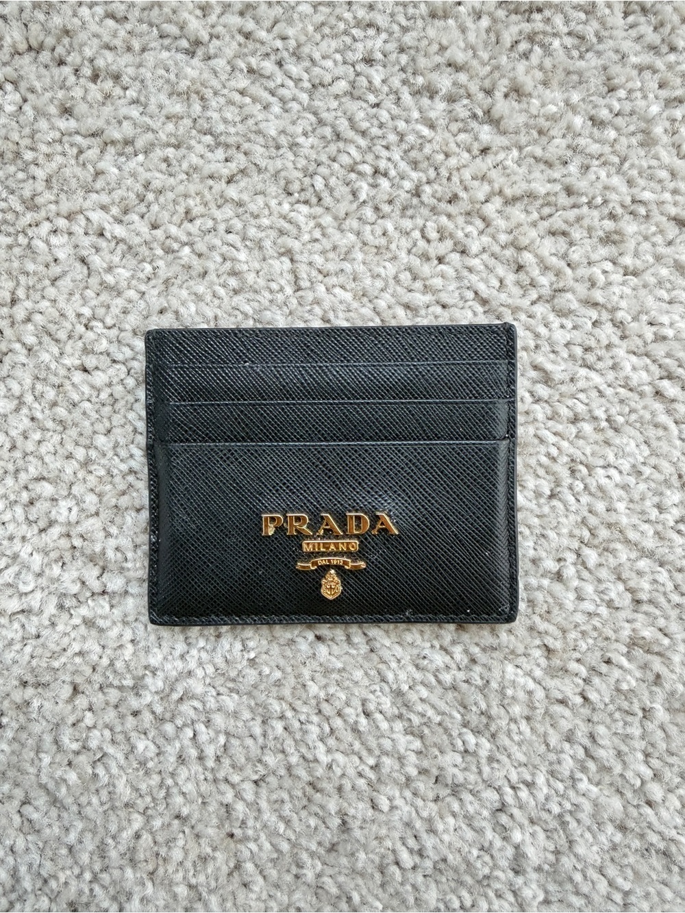 Prada Black Saffiano Leather Card Case with Gold Logo